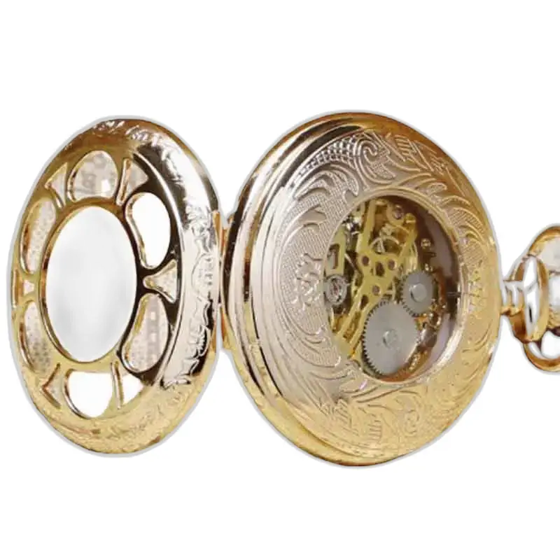Luxe gouden smaragd zakhorloge met zichtbaar gouden mechanisme