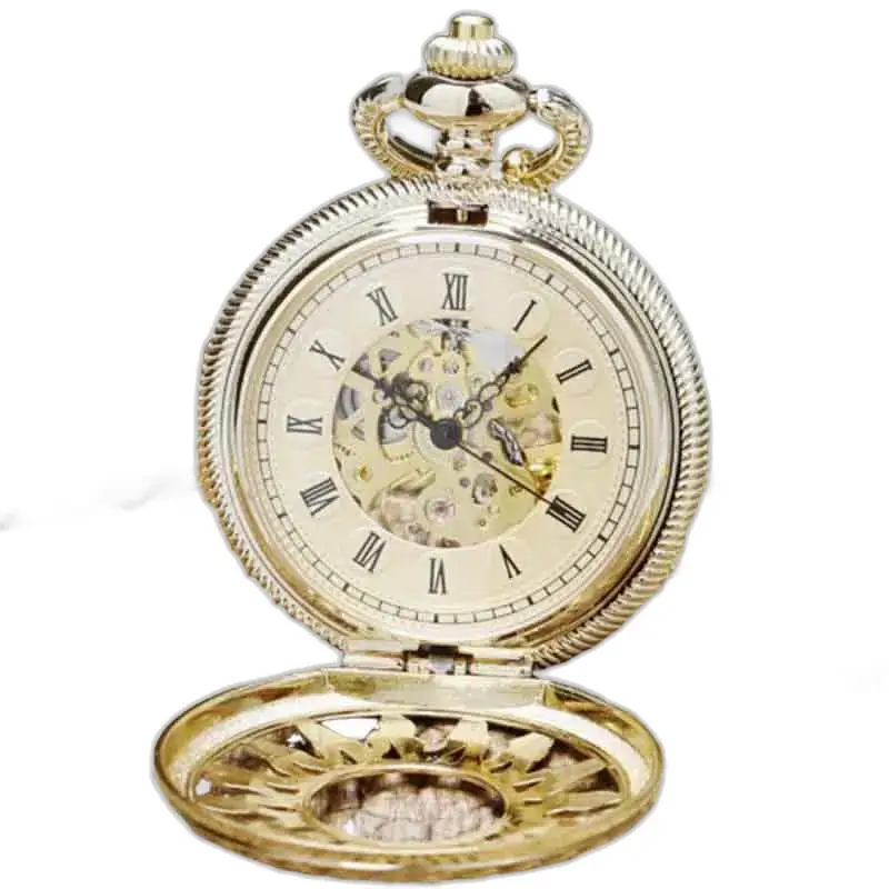 Luxe diamanten zakhorloge met gouden wijzerplaat en Romeinse cijfers