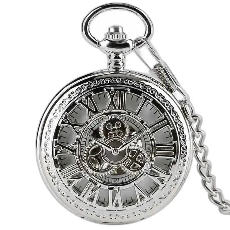 Luxe zakhorloge met zilveren diamanten inzetstuk en ketting, elegant geskeletteerd ontwerp