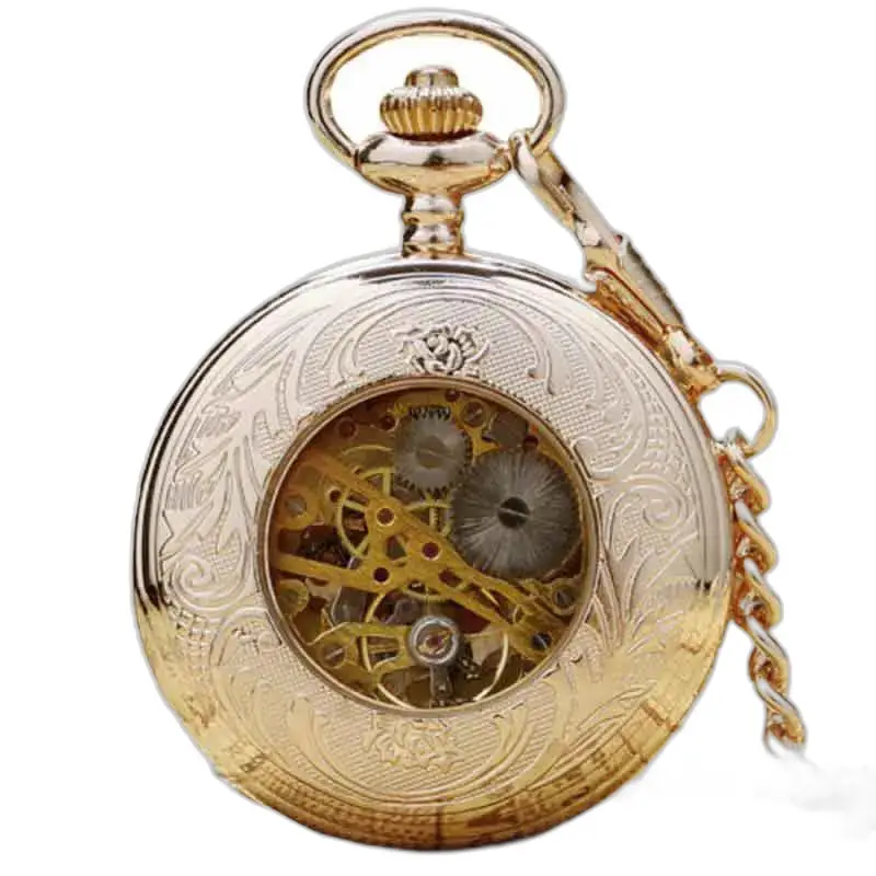 Luxe gouden parelmoer zakhorloge met een elegante gouden wijzerplaat