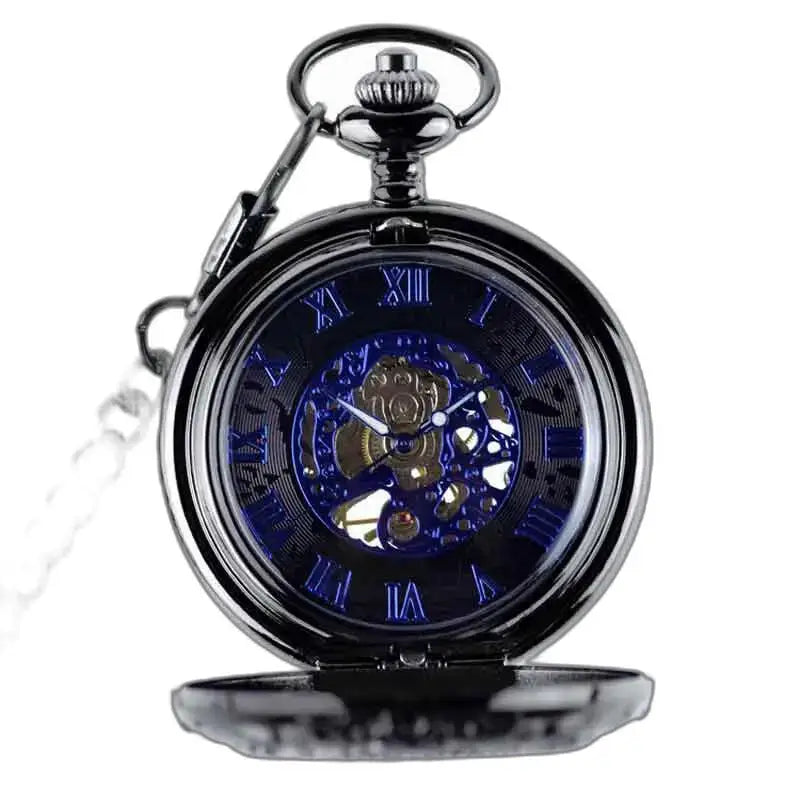 Steampunk Chrome-zakhorloge met een zwarte wijzerplaat en blauwe Romeinse cijfers