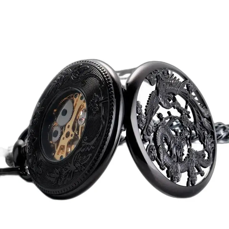 Steampunk Erbium Luxe kruisje zakhorloge met elegante zwarte draak