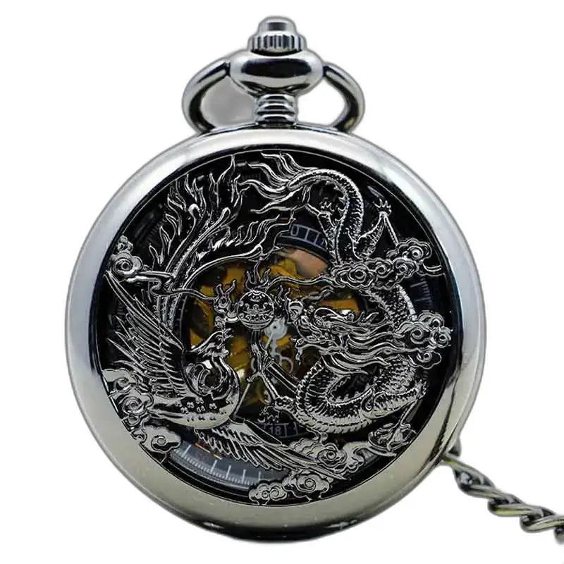 Montre de Poche à Gousset Steampunk Erbium Luxe avec design dragon et phoenix en argent