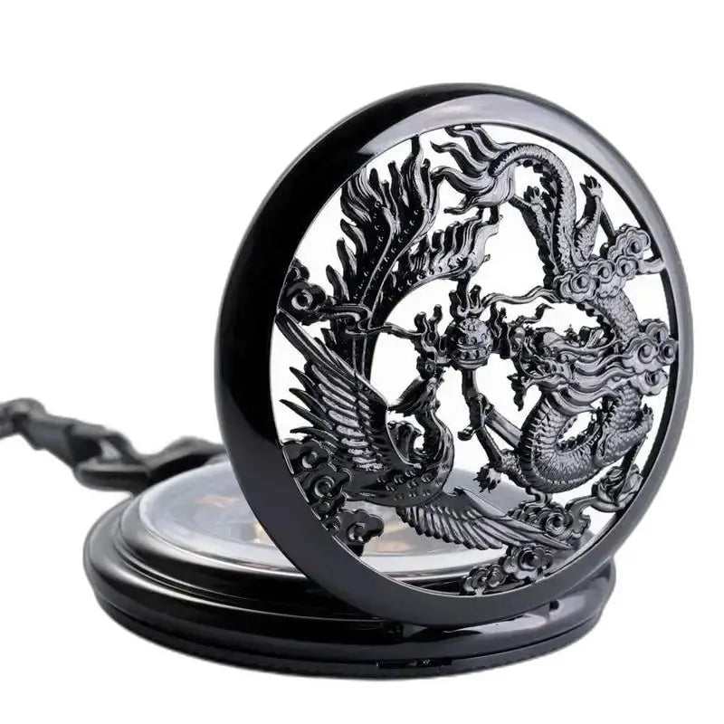 Steampunk Erbium Luxe Gusset-zakhorloge met draak- en feniksontwerp