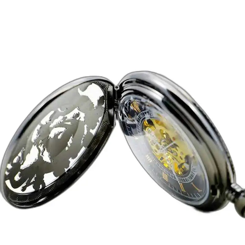 Steampunk Erbium Luxe Gusset-zakhorloge met een open zwarte wijzerplaat