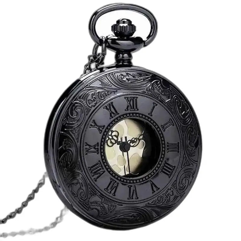 Steampunk Mercury zakhorloge met Romeinse cijfers op zwarte achtergrond