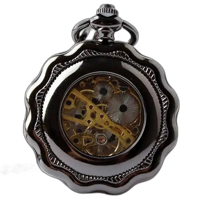 Steampunk platina kruisje zakhorloge met een strak gemechaniseerd zwart ontwerp