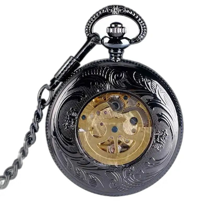 Steampunk Rhodium Gusset-zakhorloge met sierlijk ontwerp in zwart