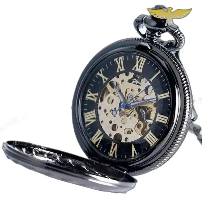 Steampunk Rhodium Gusset-zakhorloge met een strak zwart ontwerp