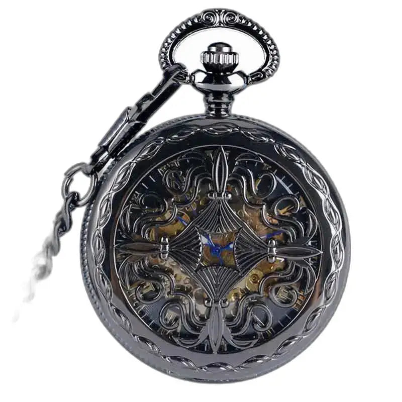 Steampunk Rhodium Gusset-zakhorloge met een elegant, sierlijk ontwerp in zwart