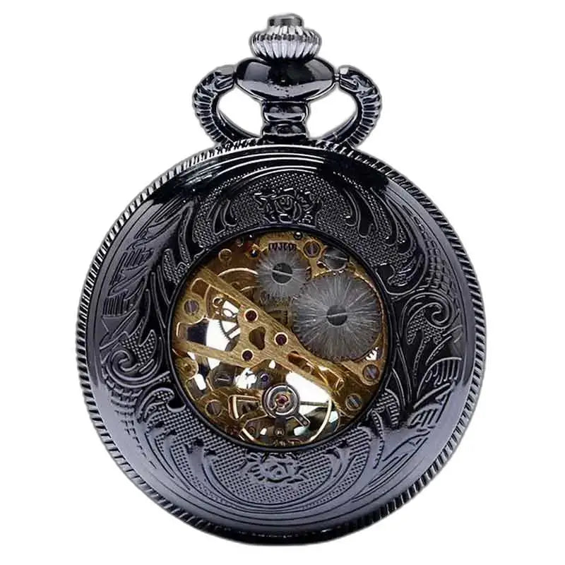 Steampunk titanium kruisje zakhorloge met zichtbaar zwart sierlijk mechanisme