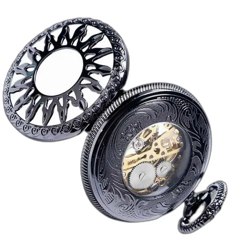 Steampunk Titanium Fob-zakhorloge met een elegant sierlijk zwart ontwerp