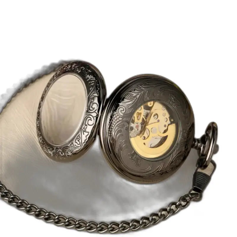 Rusticgem zwart open automatisch zakhorloge met sierlijke designketting