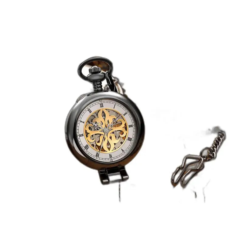 Montre de Poche Exquise Mécanique Homme Or avec chaîne et design squelettique noir et or