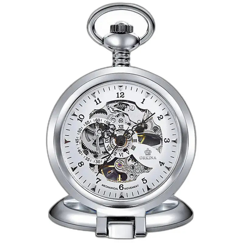 Prachtig mechanisch gouden herenzakhorloge met zilverkleurige skeletwijzerplaat