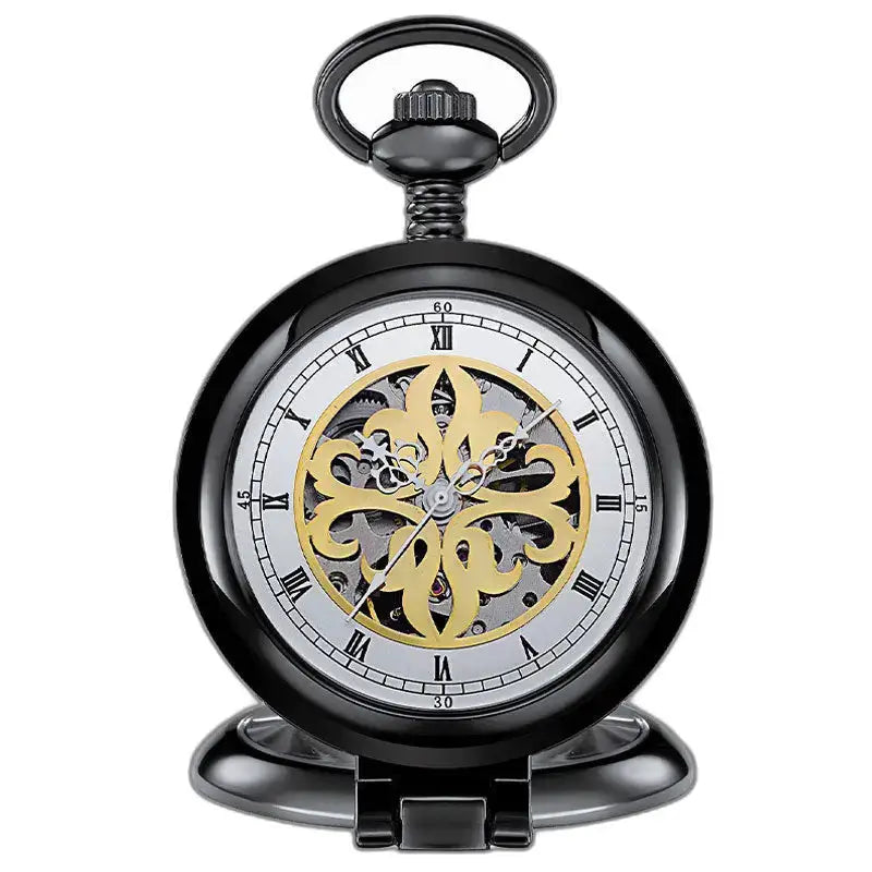 Prachtig mechanisch gouden herenzakhorloge met zwart en goud skeletpatroon