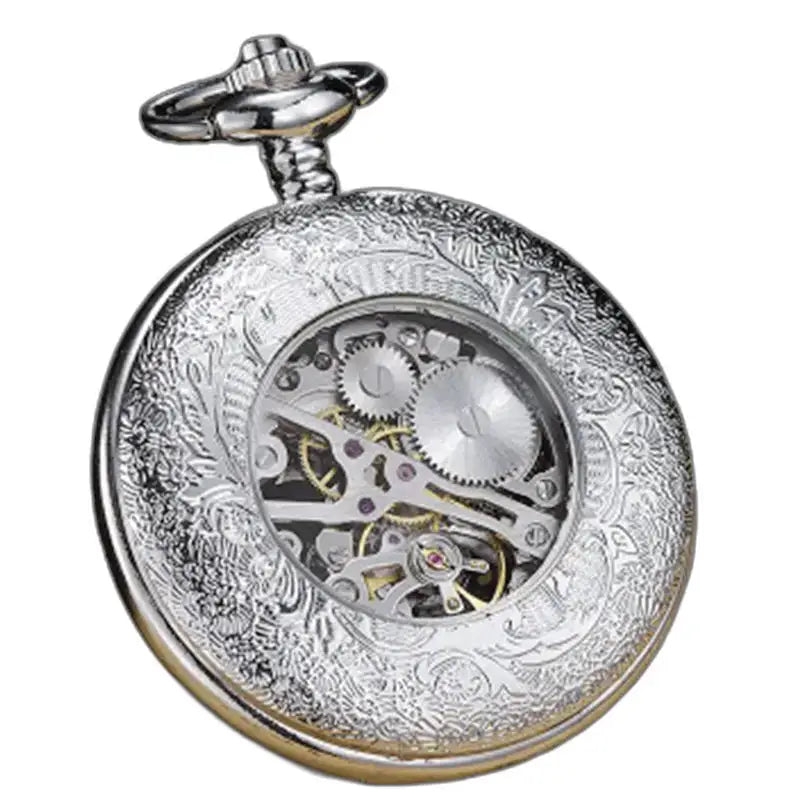 Volledig Hunter-zakhorloge met handmatige opwinding en zichtbare tandwielen in mechanisch uurwerk