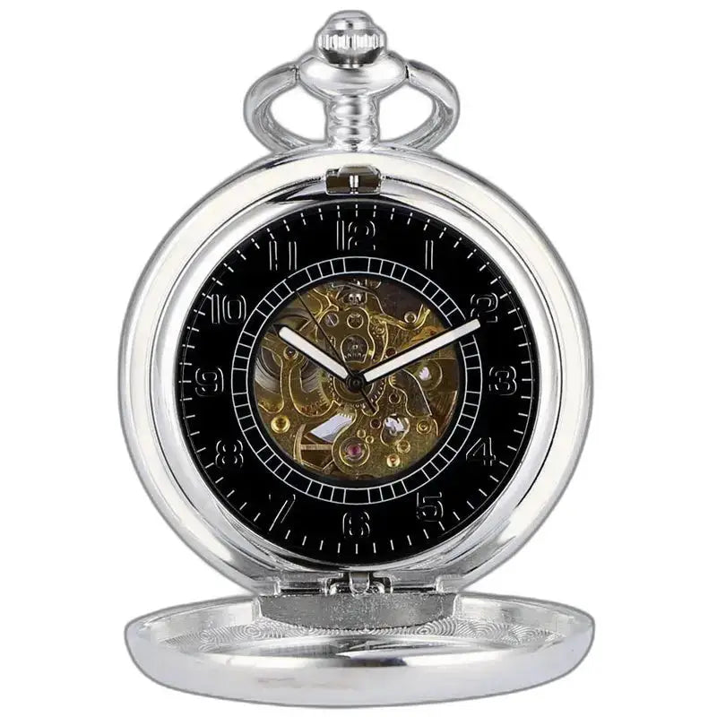 Luxe zilverzwart zakhorloge met zichtbare tandwielen voor tijdloze elegantie