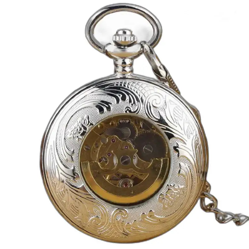 Luxe zilverzwart zakhorloge met zichtbaar mineraalglasmechanisme