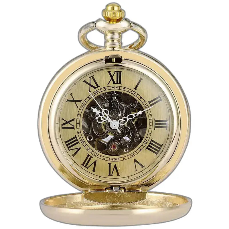 Luxe zilverzwart zakhorloge met mineraalglas en zichtbaar gouden mechanisme