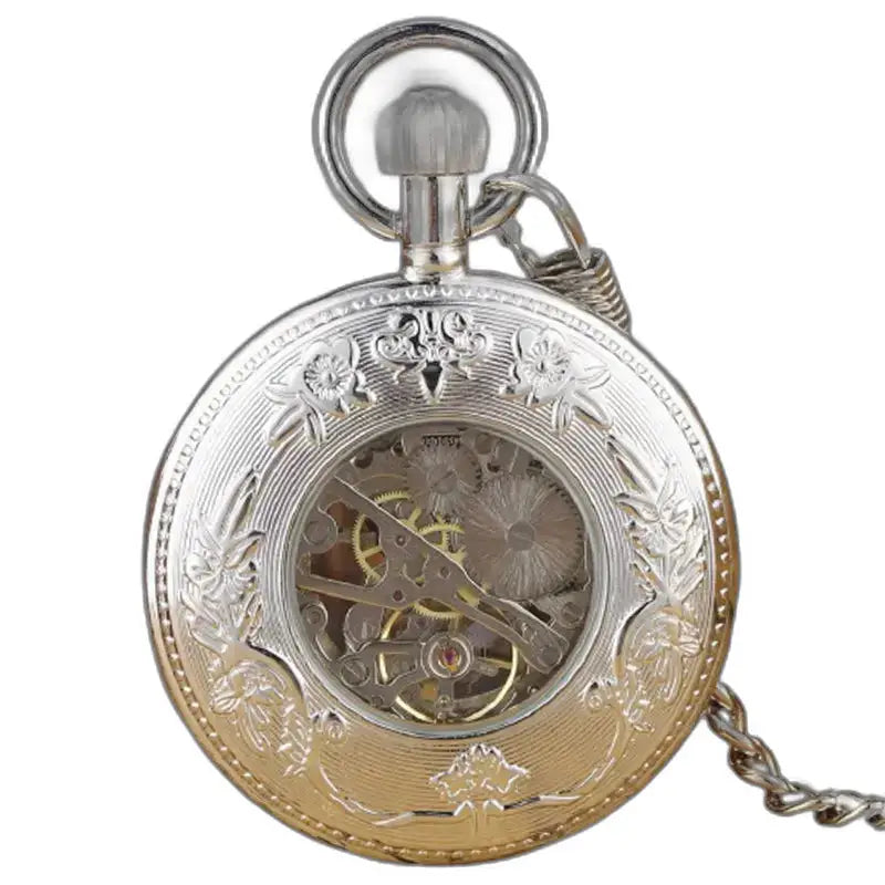 Luxe zilverzwart zakhorloge van mineraalglas met zilveren en gouden wijzerplaat