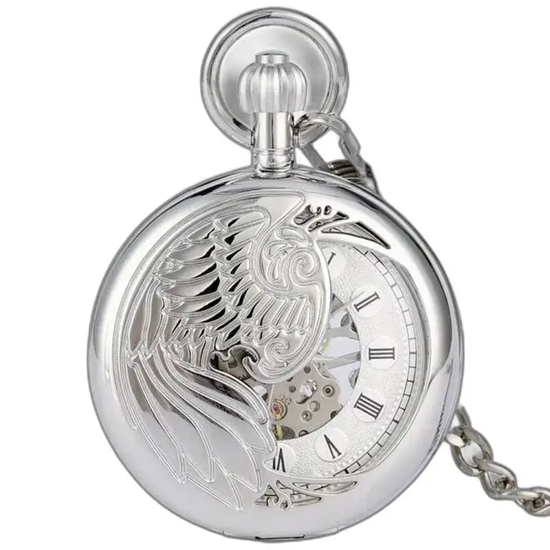 Luxe zilverzwart zakhorloge met vogelmotief en mineraalglas