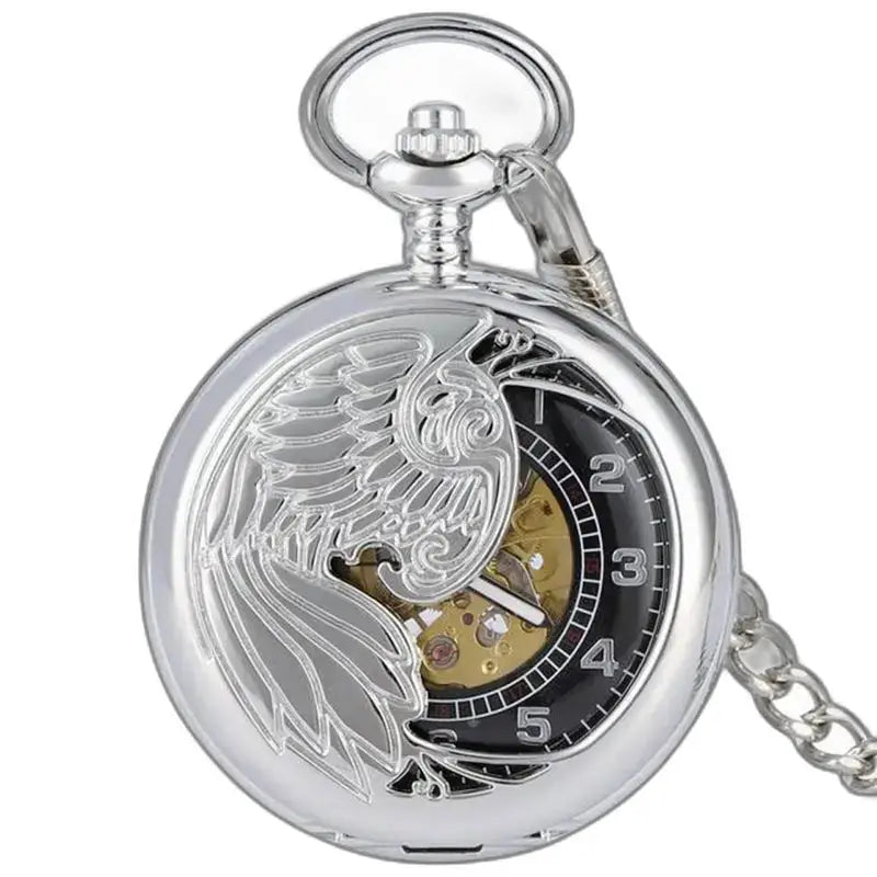 Luxe zilverzwart zakhorloge met elegant en verfijnd vogelontwerp
