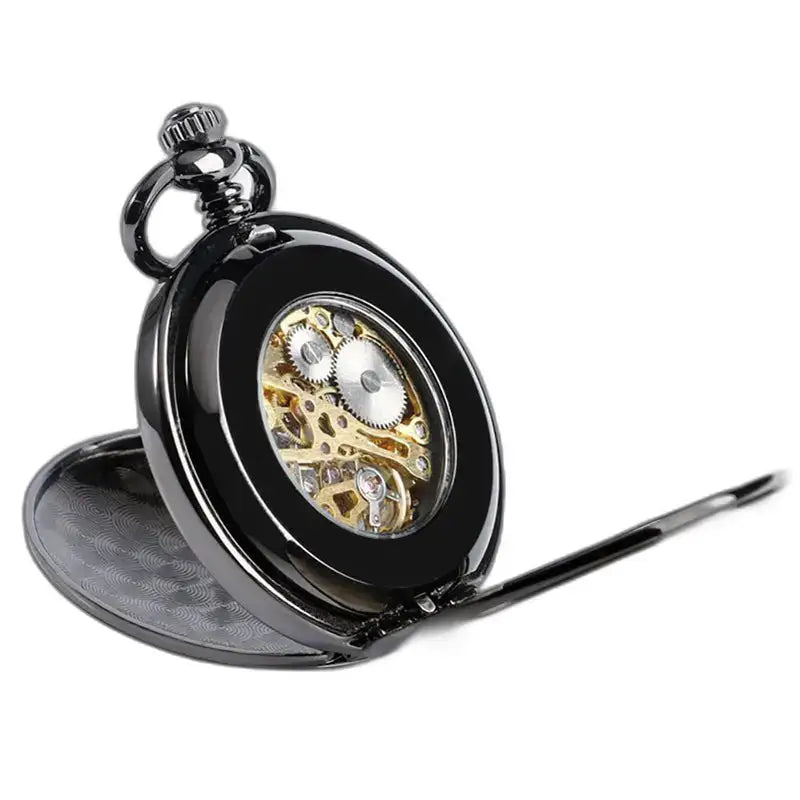 Luxe zwart zakhorloge met dubbele klep en Romeinse cijfers op de wijzerplaat