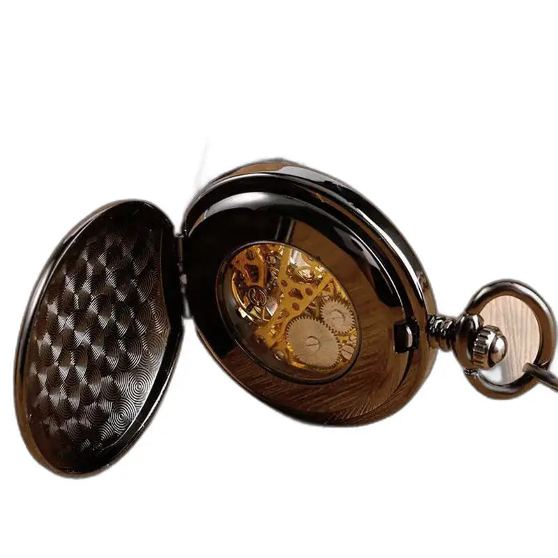 Luxe zwart zakhorloge met dubbele flap, Romeinse cijfers en zichtbaar mechanisme