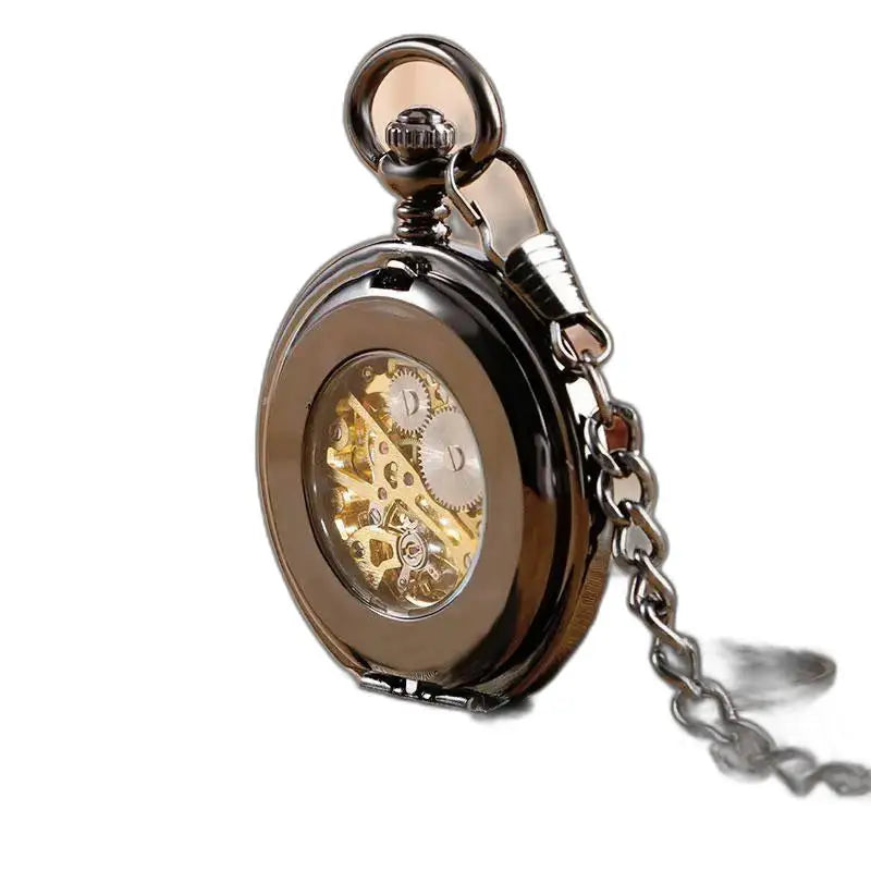 Luxe zwart zakhorloge met dubbele klep, Romeinse cijfers en metalen ketting