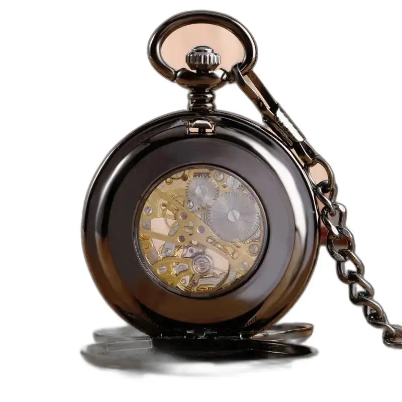 Luxe zwart zakhorloge met dubbele flap, Romeinse cijfers en zichtbaar mechanisme