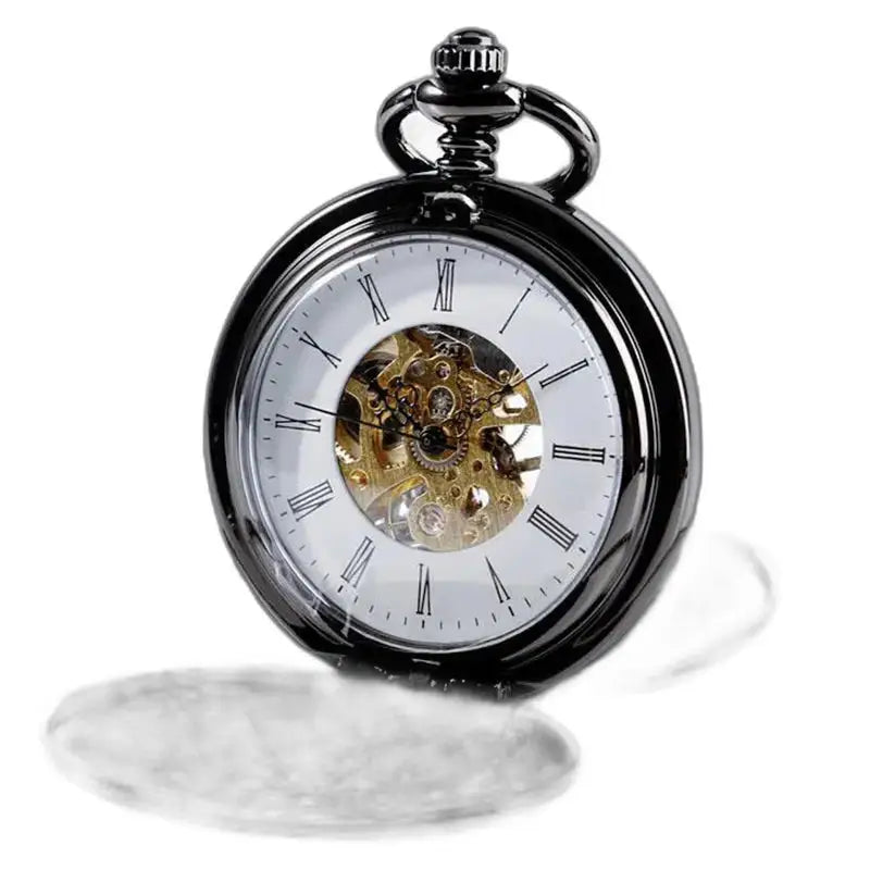 Luxe zwart zakhorloge met dubbele klep en Romeinse cijfers op elegante wijzerplaat
