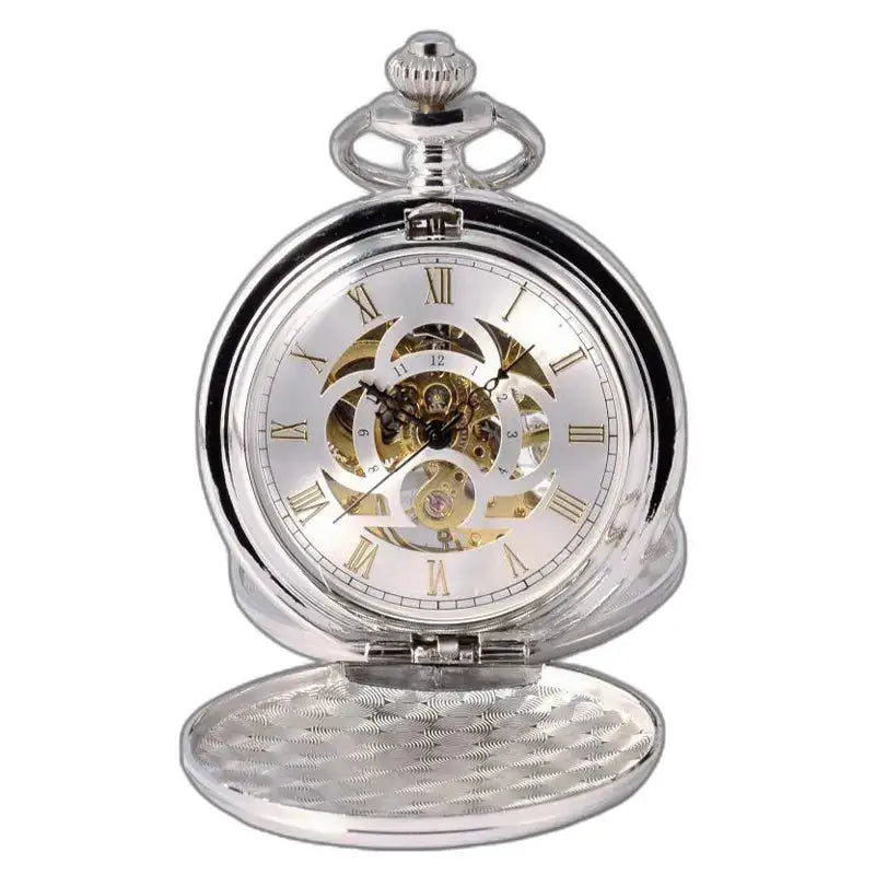 Zilver mechanisch zakhorloge met dubbele flap, mechanisch uurwerk en zichtbare tandwielen