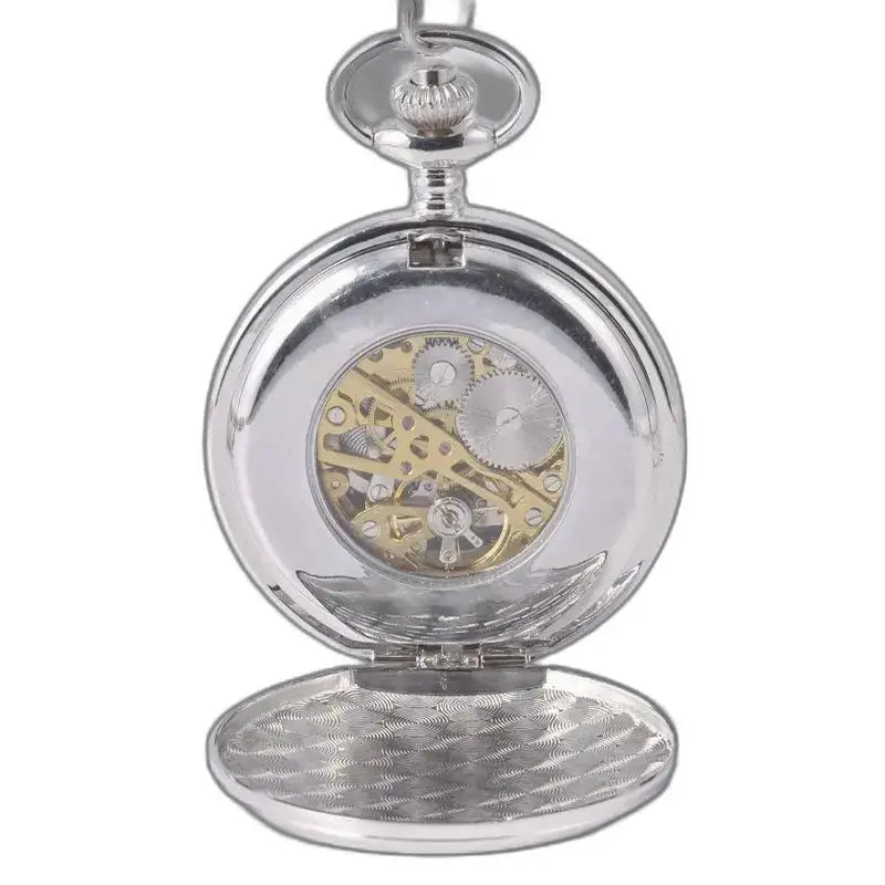 Zilver mechanisch zakhorloge met dubbele flap, mechanisch uurwerk en skeletstijl