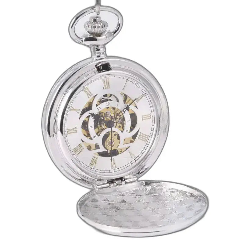 Zilverkleurig mechanisch zakhorloge met dubbele klep en elegant mechanisch uurwerk