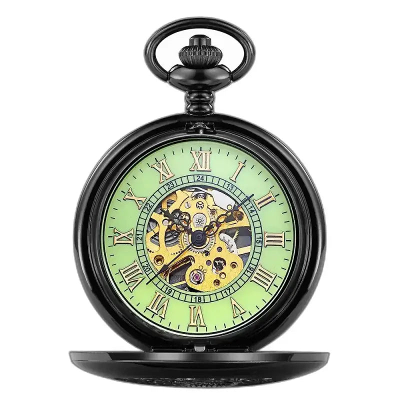 Zwart lichtgevend mechanisch dameszakhorloge met elegante groene wijzerplaat