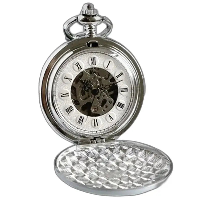 Luxe marmeren mechanisch zakhorloge met zichtbaar zilveren mechanisme