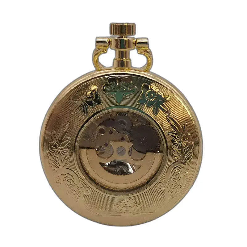 Vintage zilveren mechanisch zakhorloge met bloemengravures en zichtbare werking