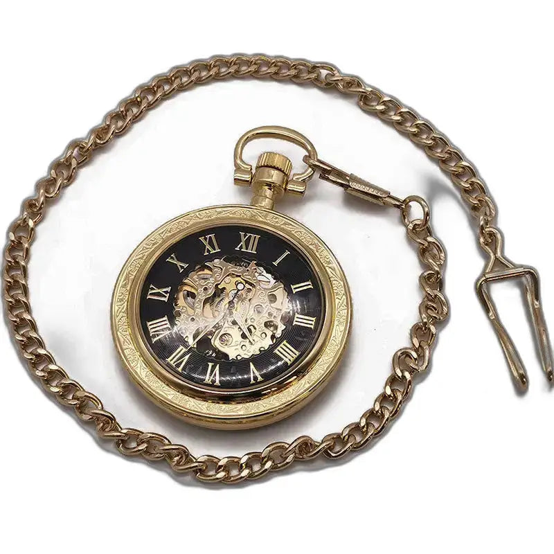 Vintage zilveren mechanisch zakhorloge met gouden ketting, klassieke en elegante stijl