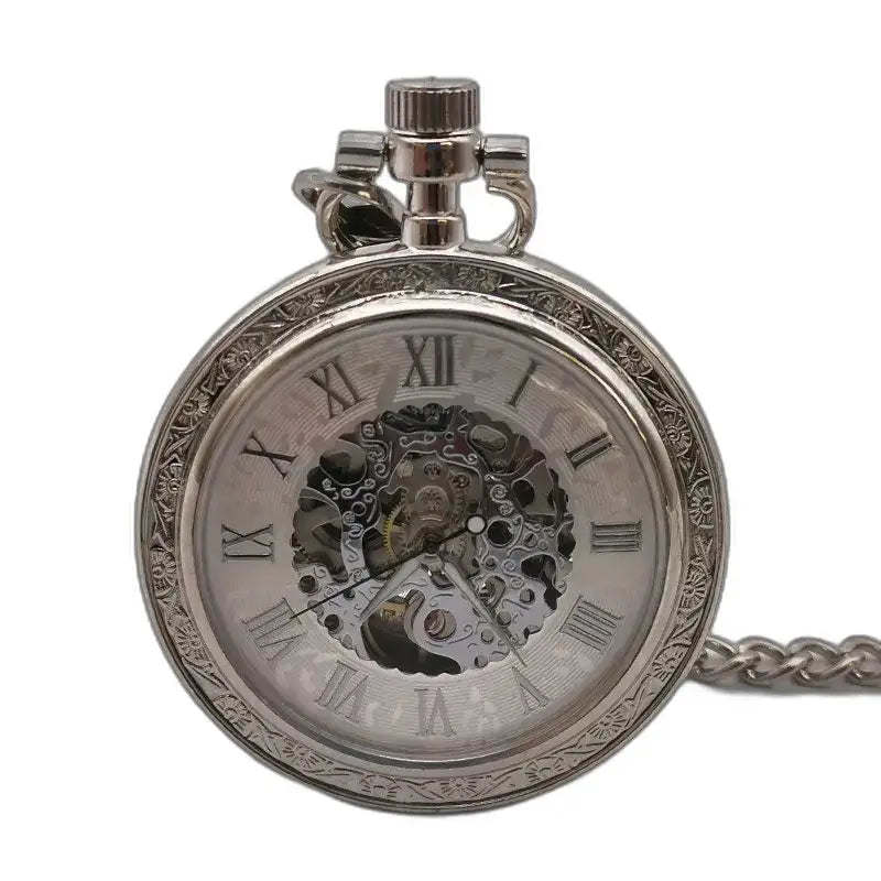 Vintage zilveren mechanisch zakhorloge in elegante skeletstijl