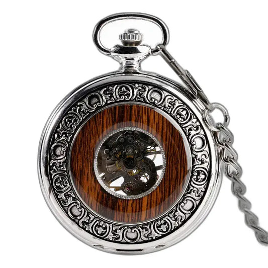 Wood Prestige luxe mechanisch herenzakhorloge met houten wijzerplaat en zilveren kast