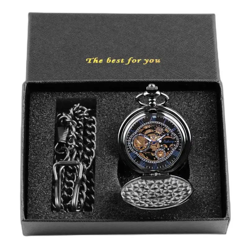 Klassiek zwart mechanisch zakhorloge in elegante geschenkdoos