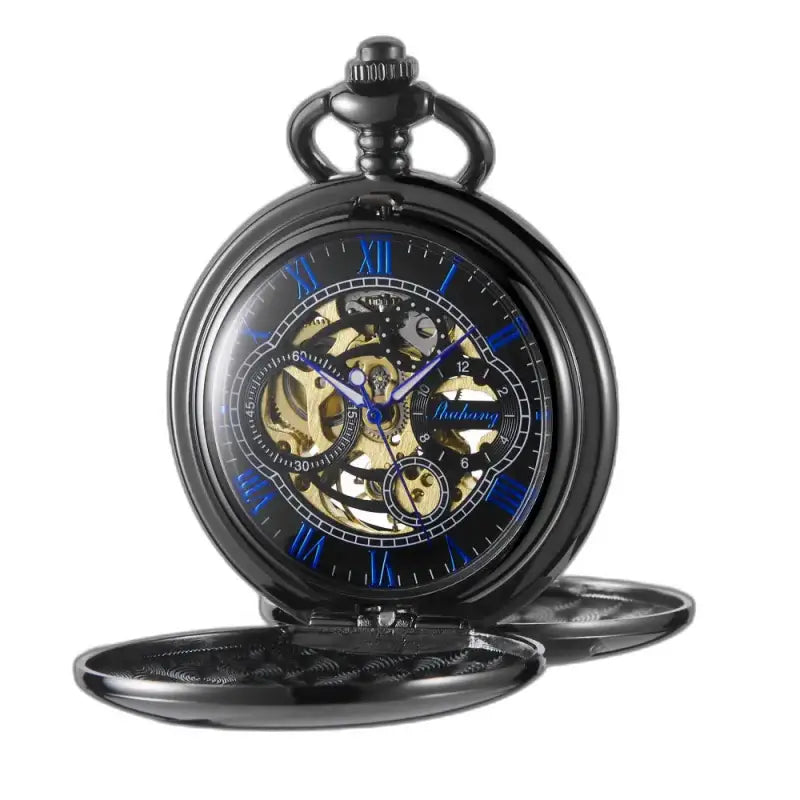 Klassiek zwart mechanisch zakhorloge, elegante zwarte zak met zwarte spiegel