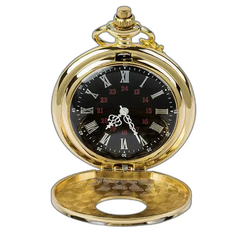 Half Hunter gouden zakhorloge met zwarte wijzerplaat voor heren en dames