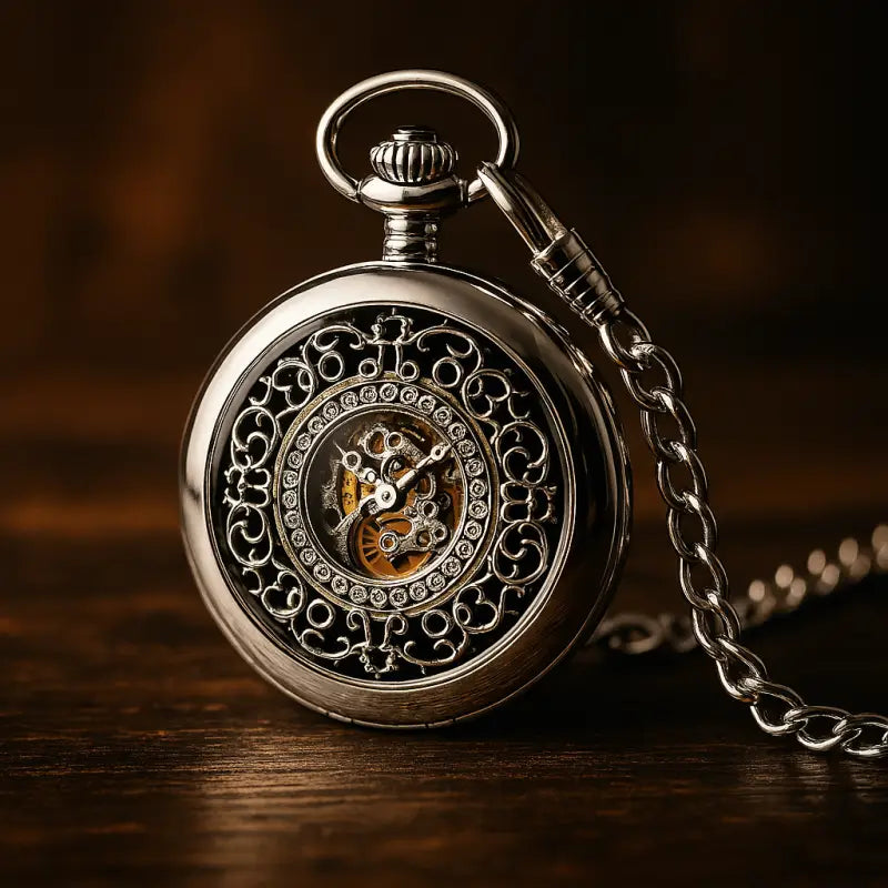 Luxe zilveren zakhorloge met ketting in elegante geschenkverpakking