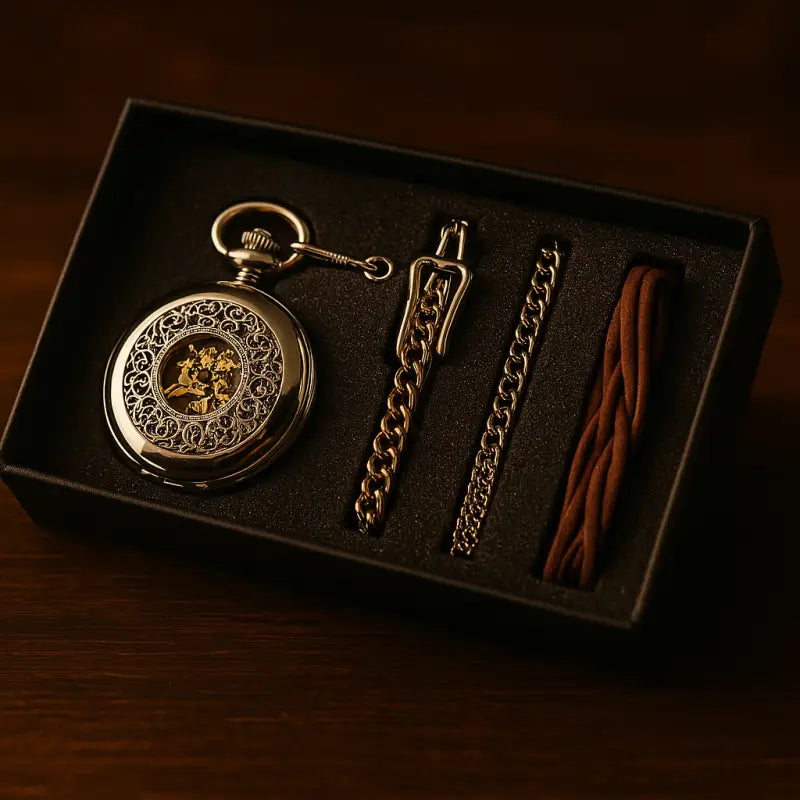 Luxe zilveren zakhorloge met ketting en leren band in geschenkverpakking