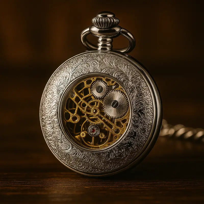 Luxe zilveren zakhorloge geschenkdoos met een elegante zilveren skeletachtige wijzerplaat