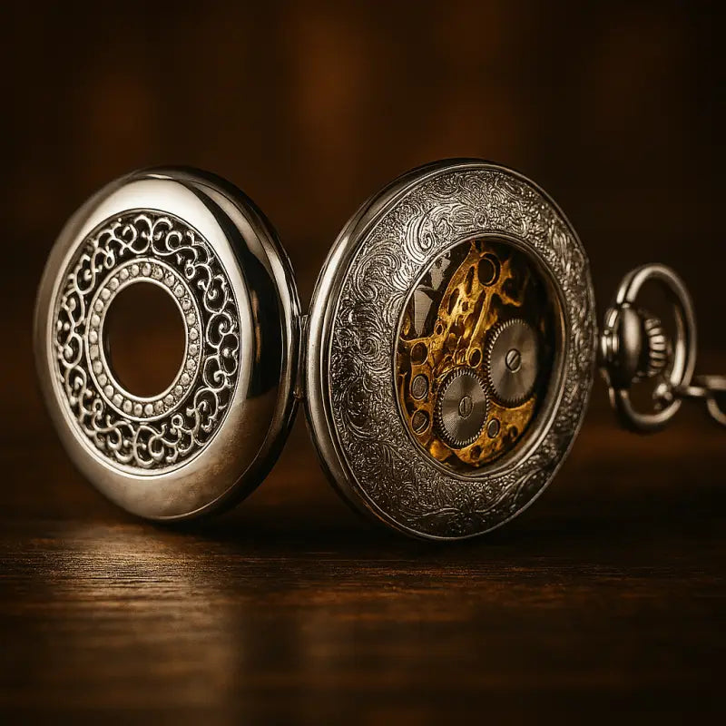 Luxe zilveren zakhorloge geschenkdoos met een sierlijk zilveren zakhorloge