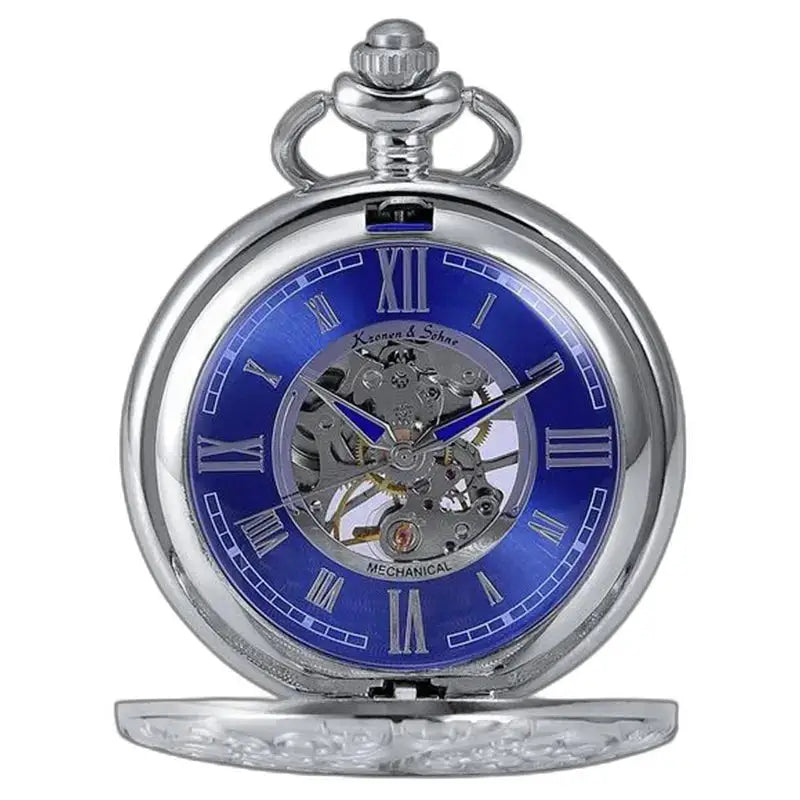 Luxe blauw zakhorloge mechanisch uurwerk met blauwe wijzerplaat en zilveren kast