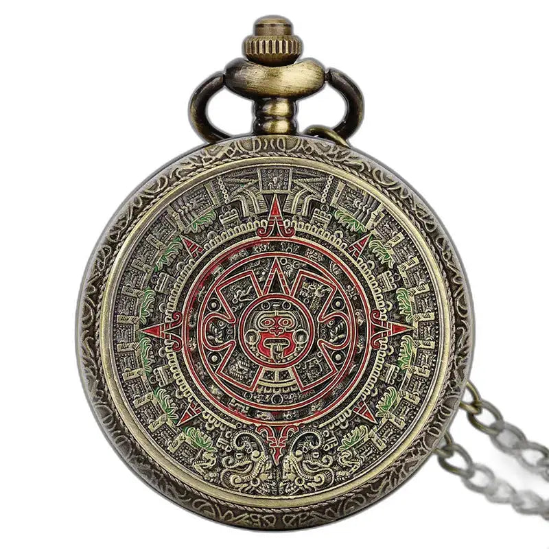 Vintage bronzen Mandala ketting zakhorloge met Azteekse kalenderontwerp